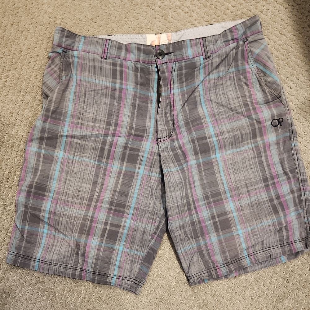 OP Plaid Gray Men's Casual Shorts - Gray with Blue & Purple Stripe 38